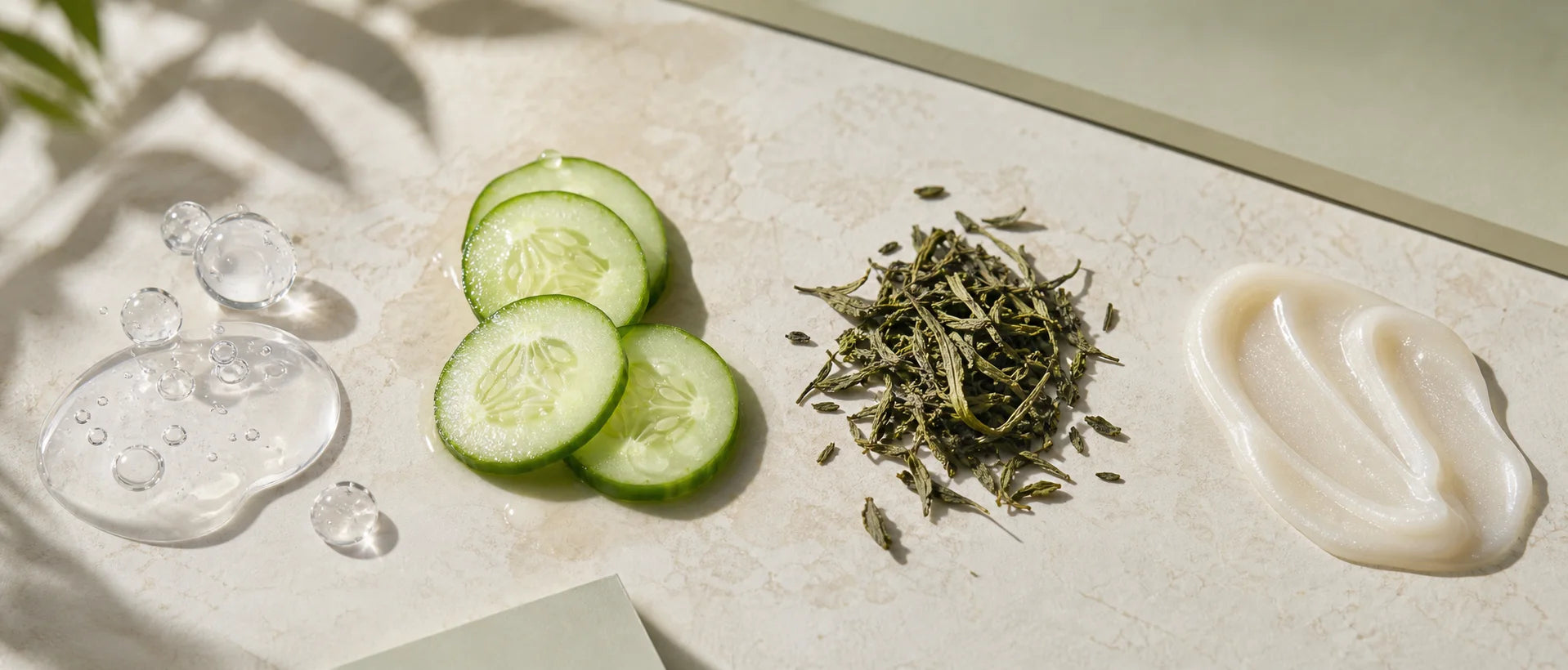 Collageen, hyaluronzuur, komkommer, groene thee en verzorgend serum